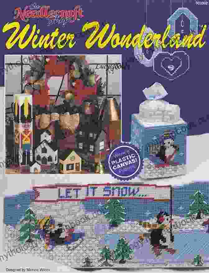 A Plastic Canvas Pattern Of A Winter Wonderland, Complete With A Snowy Landscape, A Festive Snowman, And A Cozy Cabin. Dandy Desktop Set: Plastic Canvas Pattern